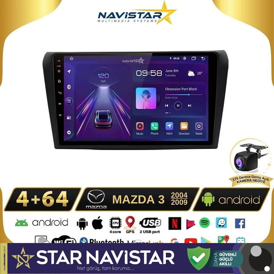 Mazda3 2004-2009 Model 4GB + 64GB Android 13 Kablosuz Carplay Navigasyon Multimedya Sistemi