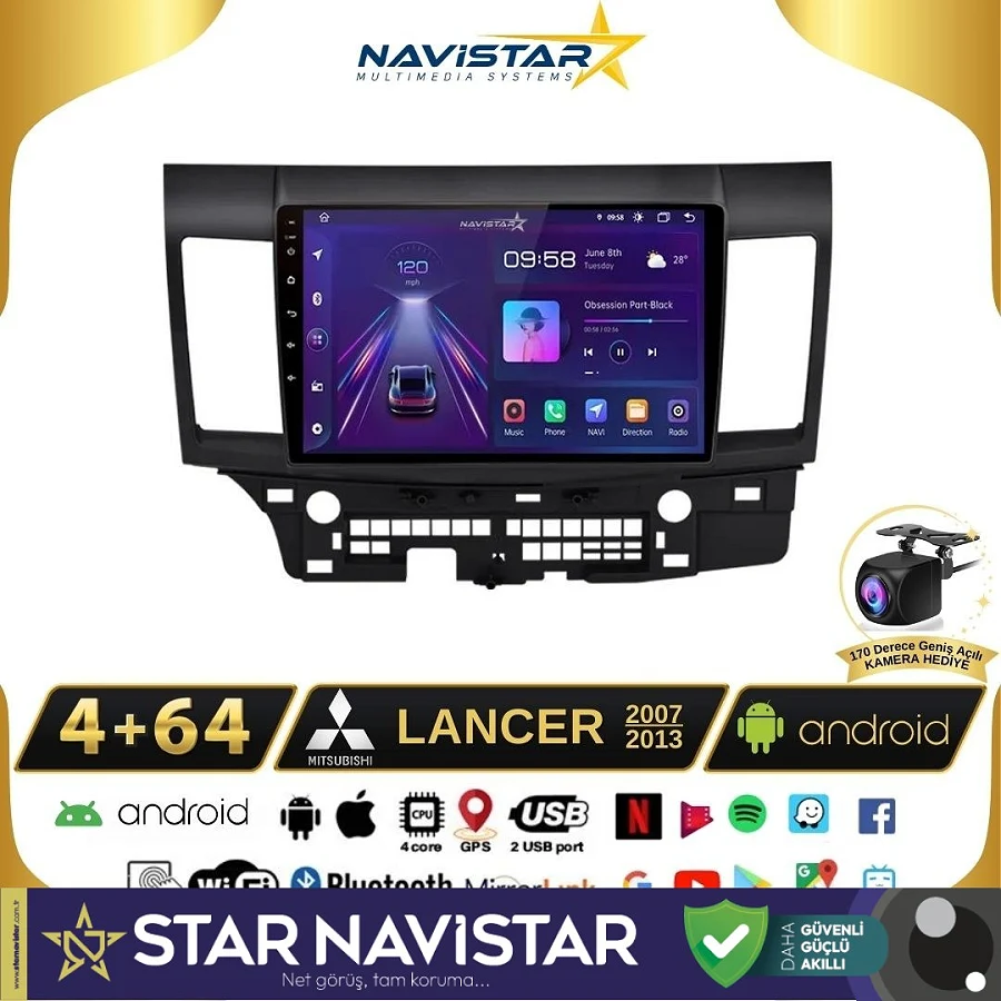 Mitsubishi Lancer  20072013 Model 4GB + 64GB Android 13 Kablosuz Carplay Navigasyon Multimedya Sistemi