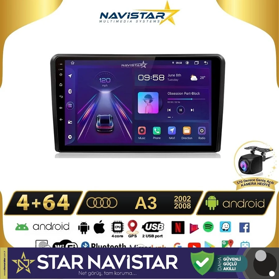 Audi A3 4GB + 64GB 2002-2008 Model Android 13 Kablosuz Carplay Navigasyon Multimedya Sistemi