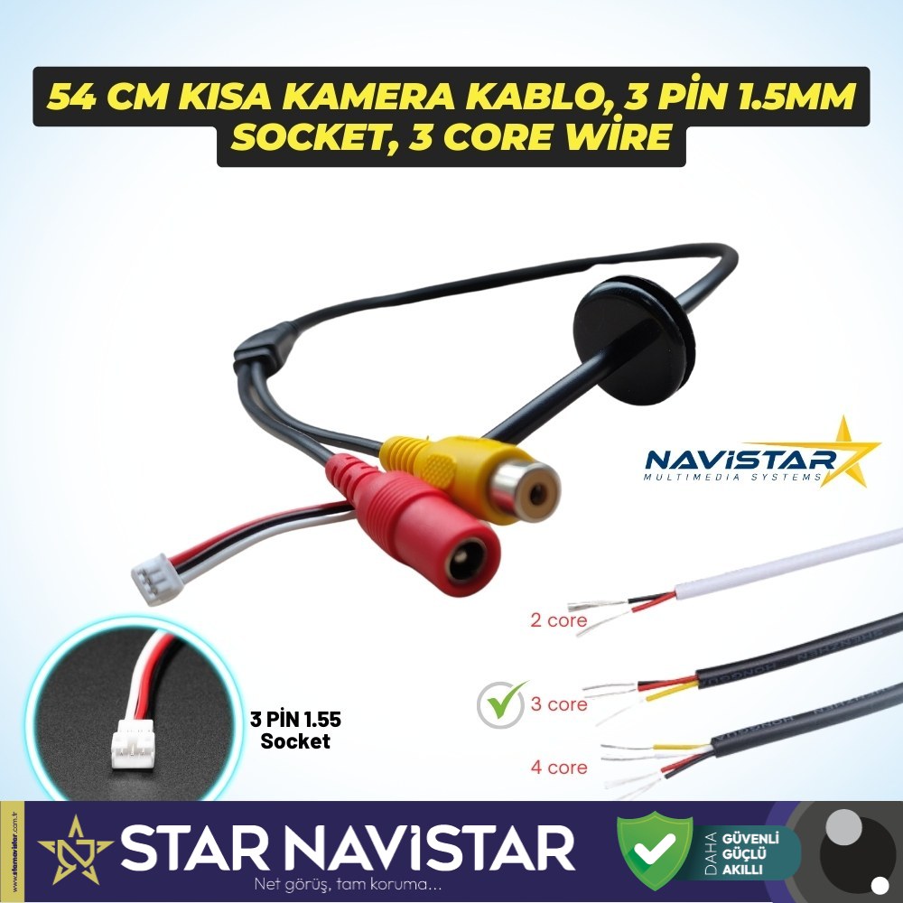 54 Cm Kısa RCA Kamera Kablosu 3 Pin 1.55 mm Socket,3 Core Wire