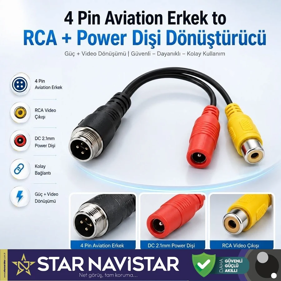 4 Pin Aviation Erkek to RCA Video ve DC Power Dişi Dönüştürücü Kablo