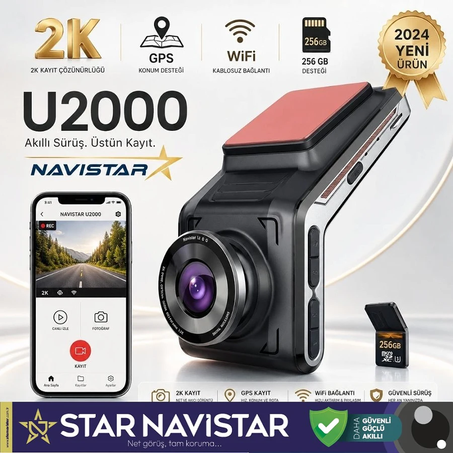 U2000 Wifi + GPS 1440P 170° Geniş Açı Gece Görüşlü Akıllı Araç içi Kamera
