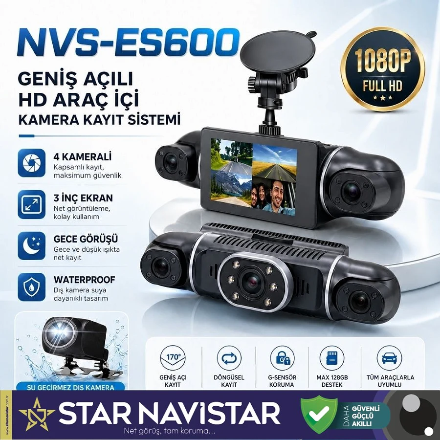4 Kameralı 1080P WIFI, GPS Geniş Açılı Dashcam Araç içi Kamera Kayıt Sistemi 3 inç  Full HD