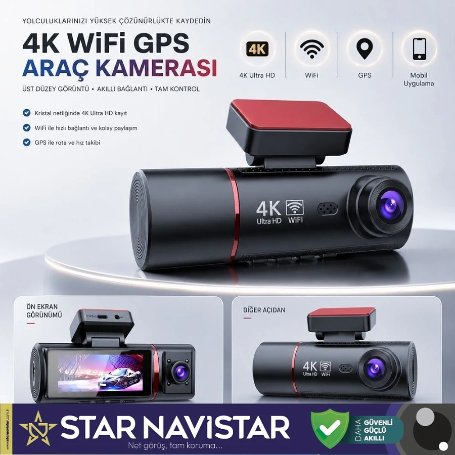 4K Ultra HD 2 Kameralı Ön ve iç  Wifi GPS G-Sensör Park Modu Dashcam Kamera
