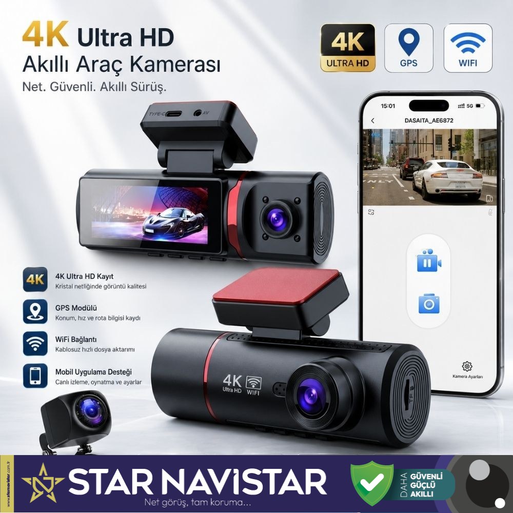 3 Kameralı 4K Ultra HD Ön, iç ve Arka Wifi GPS G-Sensör Park Modu Dashcam Kamera