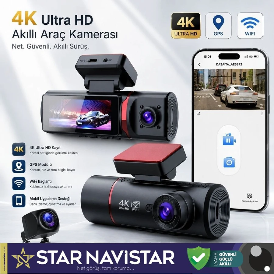 3 Kameralı 4K Ultra HD Ön, iç ve Arka Wifi GPS G-Sensör Park Modu Dashcam Kamera