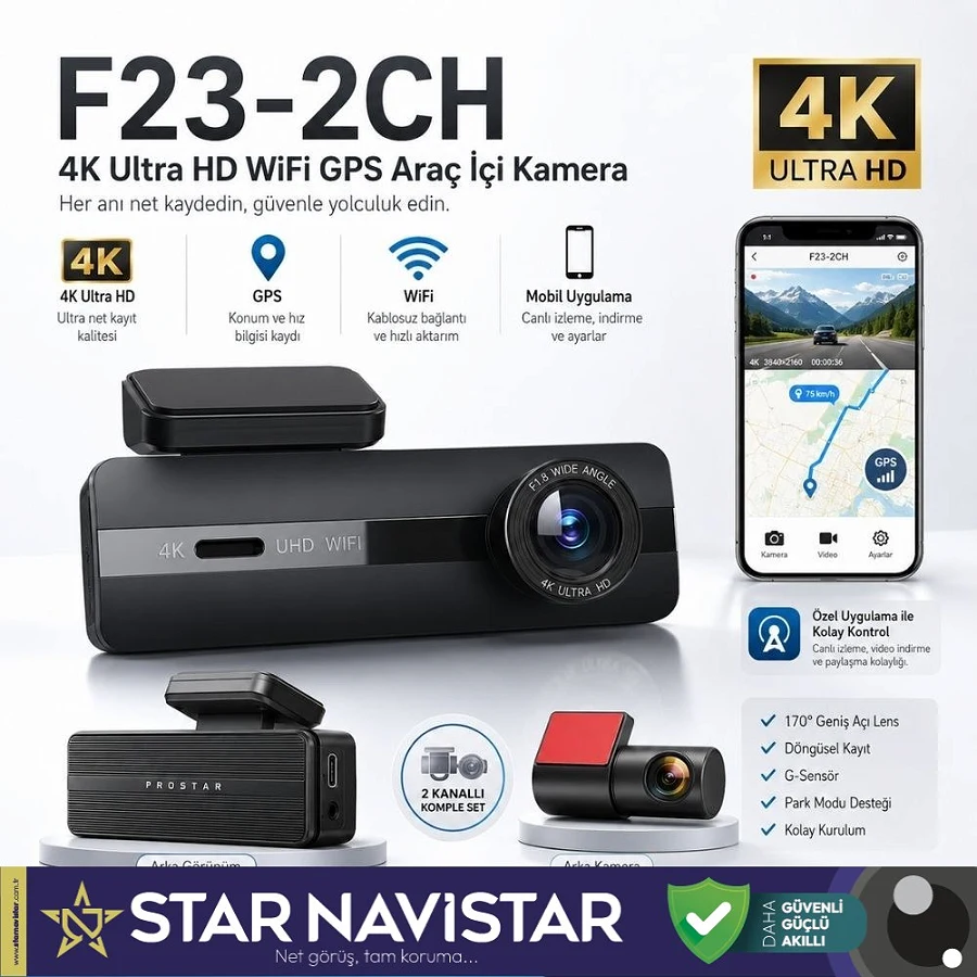 2 Kameralı 4K+1080P Ekransız WIFI GPS 24 Saat Park Modu Özellikli Dashcam Kamera