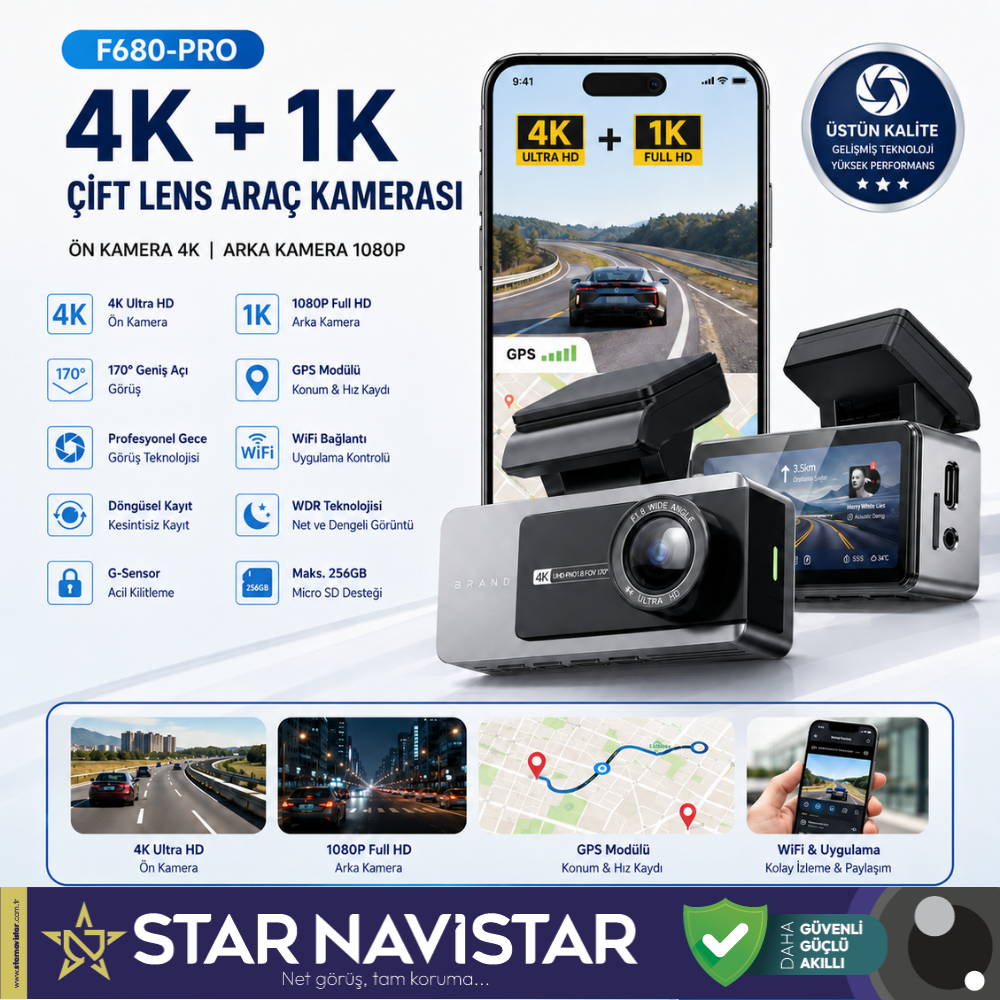 F680-PRO 4K Ultra HD Çift Kameralı Araç Kamerası (Dashcam) - WiFi, GPS, 24 Saat Park Modu