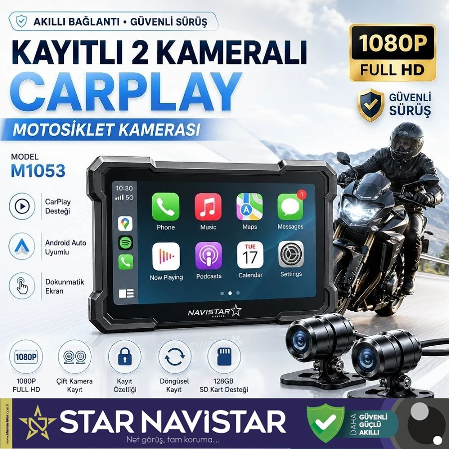 5 inç Carplay Motosiklet Kamera Seti 2K 1440P 2 Kameralı Wifi Bluetooth Lastik Basınç göstergeli