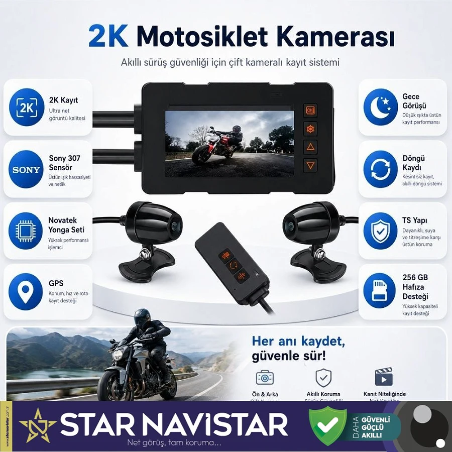 Motosiklet için Kayıtlı 2K+1080P Çözünürlüklü 3 inç 2 kameralı Tak kullan Kamera Seti