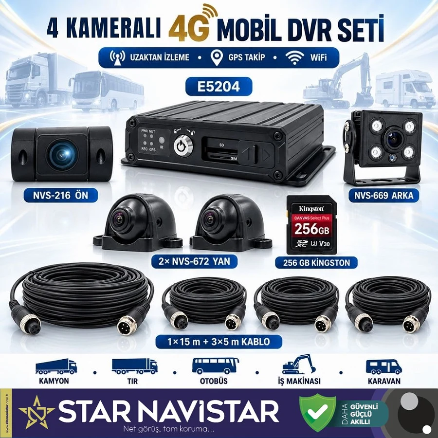 Profesyonel 4 adet AHD 1080P Kameralı 4G GPS WIFI Mobil DVR Kamera Seti (256 GB Hafıza Kartı Dahil)