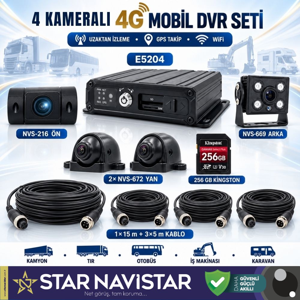 Profesyonel 4 adet AHD 1080P Kameralı 4G GPS WIFI Mobil DVR Kamera Seti (256 GB Hafıza Kartı Dahil)