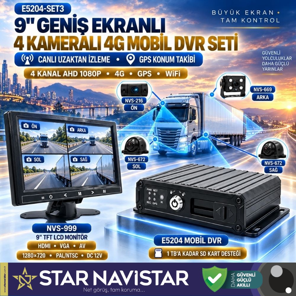 9 inç Monitörlü 4 Kameralı 1080P 4G GPS WIFI Mobil DVR Kamera Seti (256 GB Hafıza Kartı Dahil)