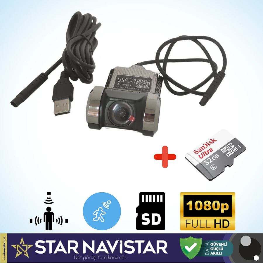 Araç Dvr Sürüş Kaydedici Kamera Usb Full Hd (32 Gb Sd Kart Dahil) 1080P 170° Geniş Açı