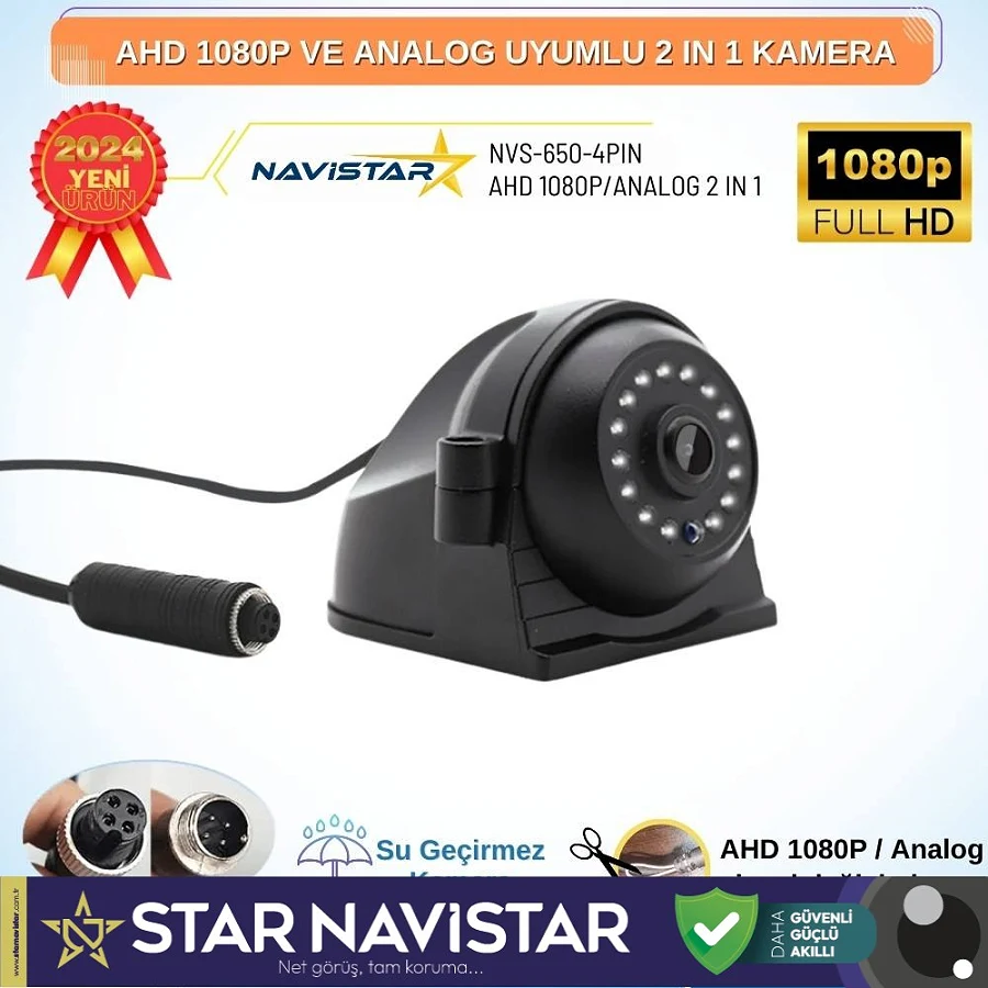 Metal Kasa AHD 1080P ve Analog Pal Çevirilebilir 4 Pin Gece Görüşlü Yan, Ön ve Arka Uyumlu Full HD Kamera